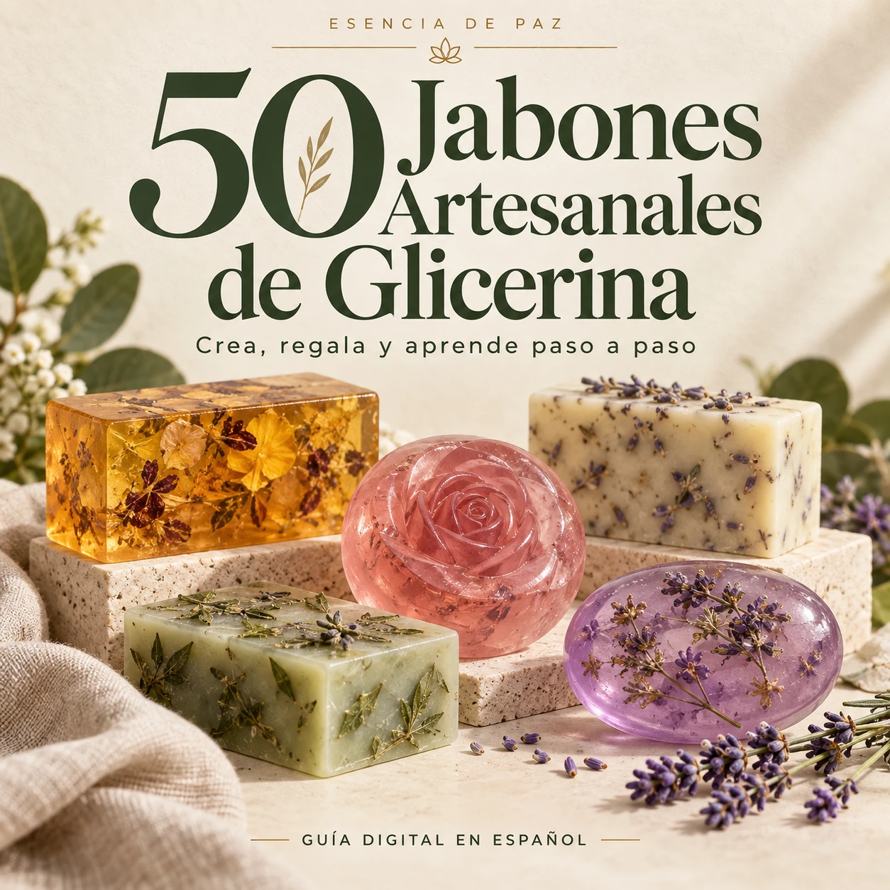 Portada de 50 Jabones Artesanales de Glicerina de Esencia de Paz, con jabones de diferentes colores y acabados