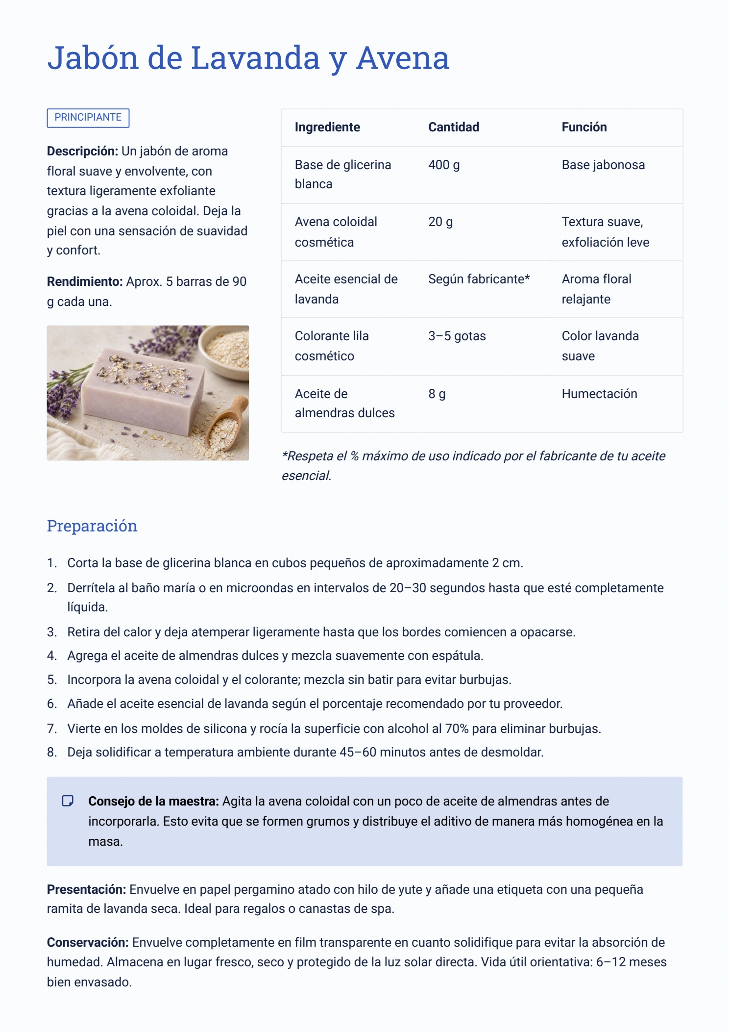 Página real de Jabón de Lavanda y Avena: tabla de ingredientes, cantidades, ocho pasos de preparación y consejos de presentación y conservación