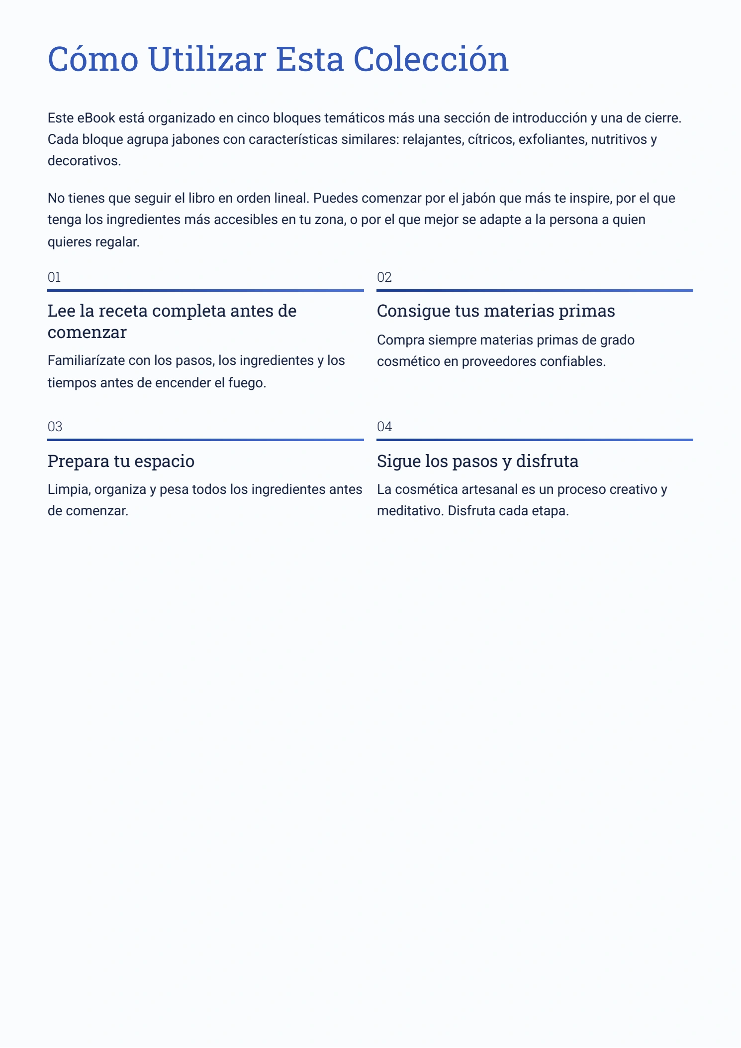Página real Cómo Utilizar Esta Colección, con la organización temática y cuatro indicaciones para empezar