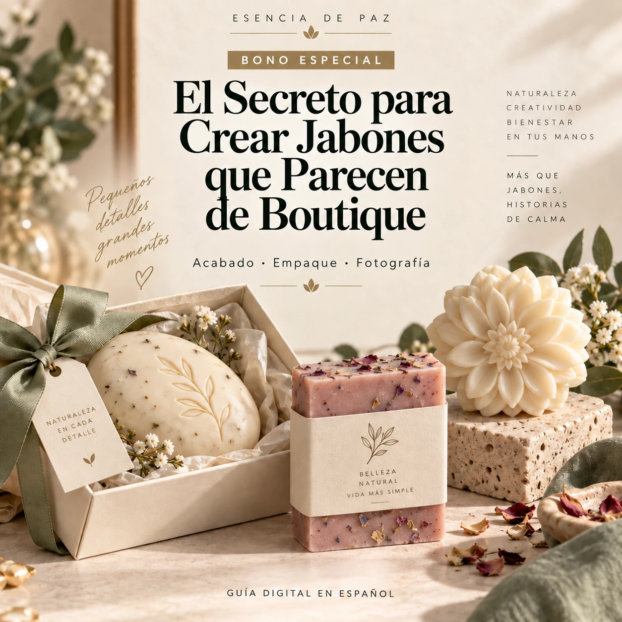 Portada del bono El Secreto para Crear Jabones que Parecen de Boutique, con jabones y empaques artesanales