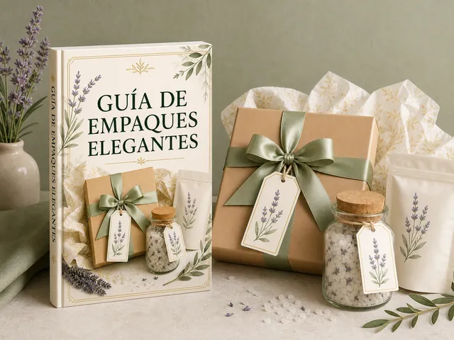 Portada de la Guía de Empaques Elegantes con caja, etiquetas y presentación boutique