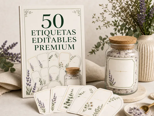 Portada de las 50 Etiquetas Editables Premium con etiquetas botánicas y producto terminado