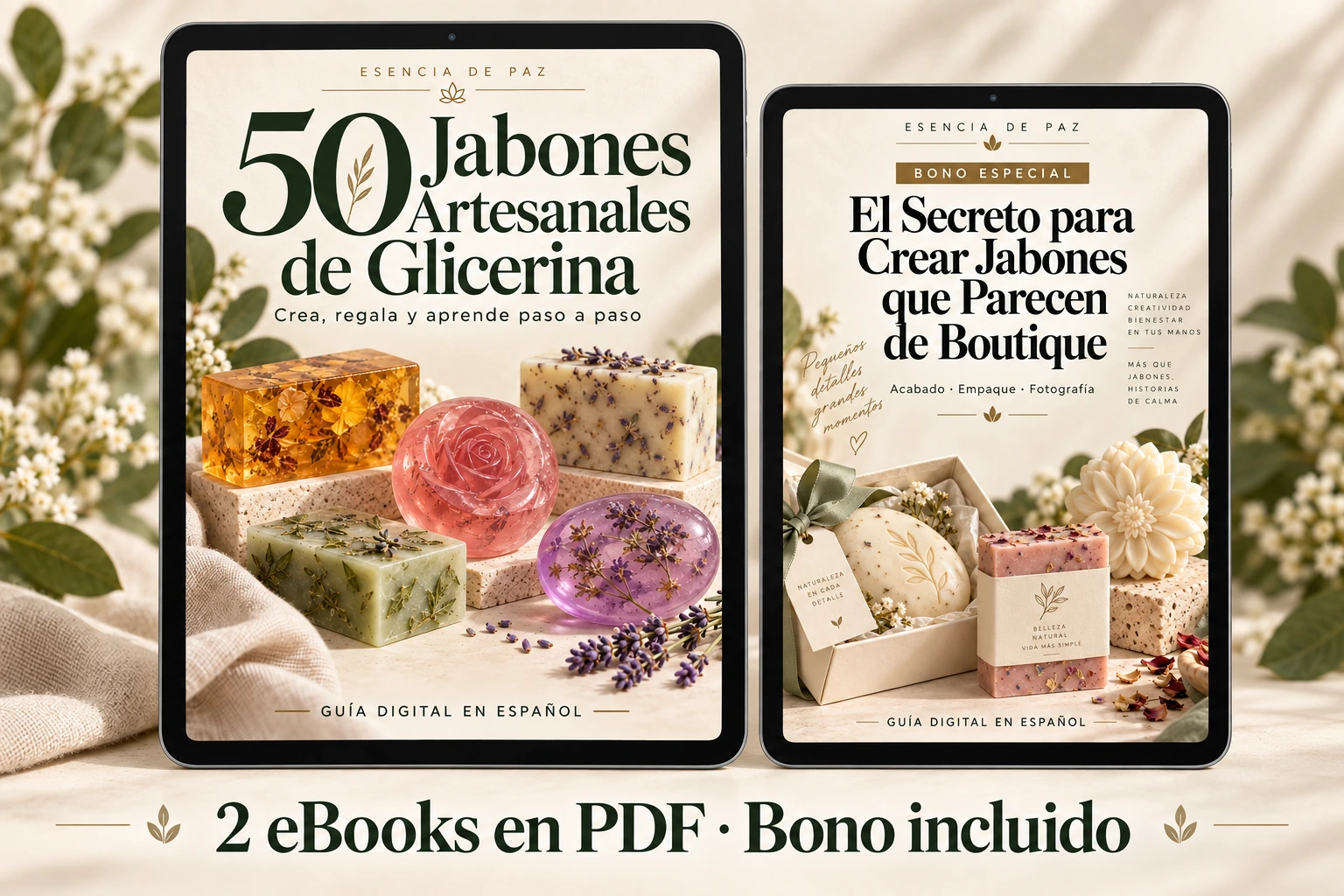 Paquete digital de dos eBooks: 50 Jabones Artesanales de Glicerina y el bono El Secreto para Crear Jabones que Parecen de Boutique