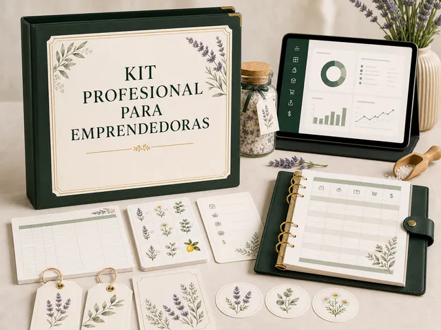 Portada del Kit Profesional para Emprendedoras con fichas, etiquetas y panel de gestión